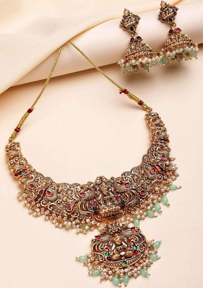 Gold-Plated Stone-Studded & Beaded Lakshmi Mata Temple Jewellery Set for Women | Traditional Temple Jewellery for Wedding & Festive Wear | Gift for Her - Indya