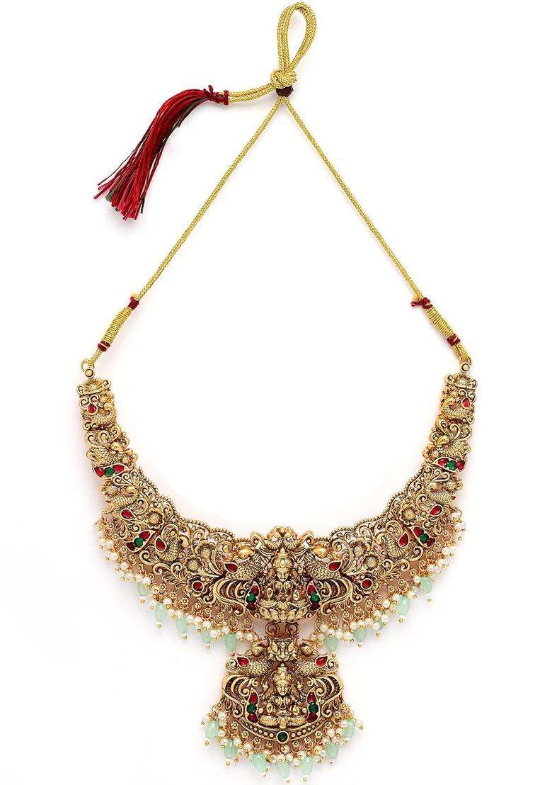 Gold-Plated Stone-Studded & Beaded Lakshmi Mata Temple Jewellery Set for Women | Traditional Temple Jewellery for Wedding & Festive Wear | Gift for Her - Indya