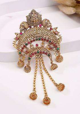 Gold-Plated Artificial Stones Studded Temple Bun Pin Head Jewellery for Women | Traditional Temple Jewellery for Wedding & Festive Wear | Gift for Her
