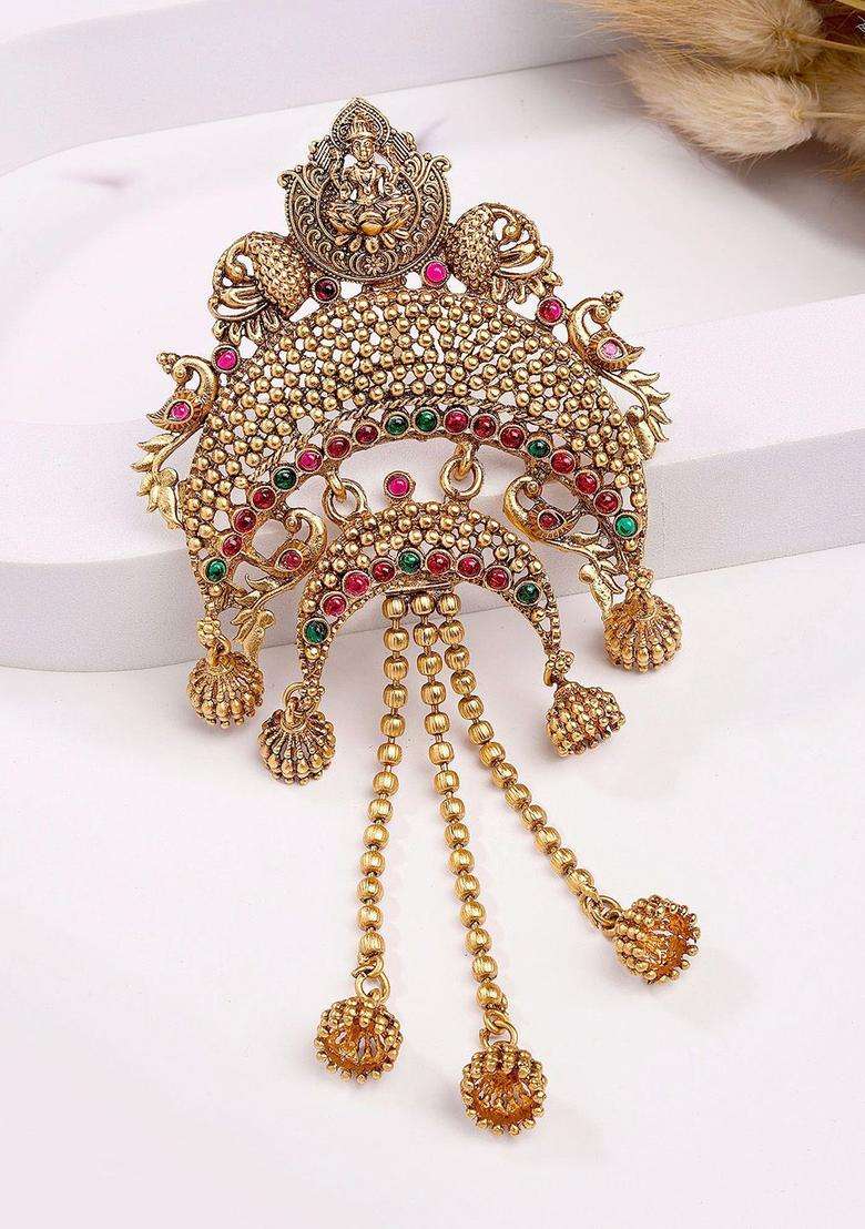 Gold-Plated Artificial Stones Studded Temple Bun Pin Head Jewellery for Women | Traditional Temple Jewellery for Wedding & Festive Wear | Gift for Her - Indya