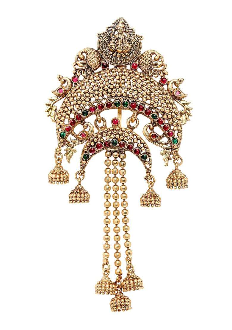 Gold-Plated Artificial Stones Studded Temple Bun Pin Head Jewellery for Women | Traditional Temple Jewellery for Wedding & Festive Wear | Gift for Her - Indya