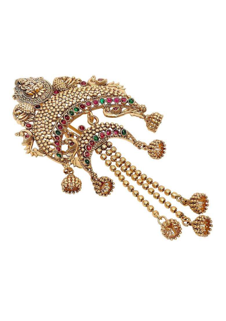 Gold-Plated Artificial Stones Studded Temple Bun Pin Head Jewellery for Women | Traditional Temple Jewellery for Wedding & Festive Wear | Gift for Her - Indya