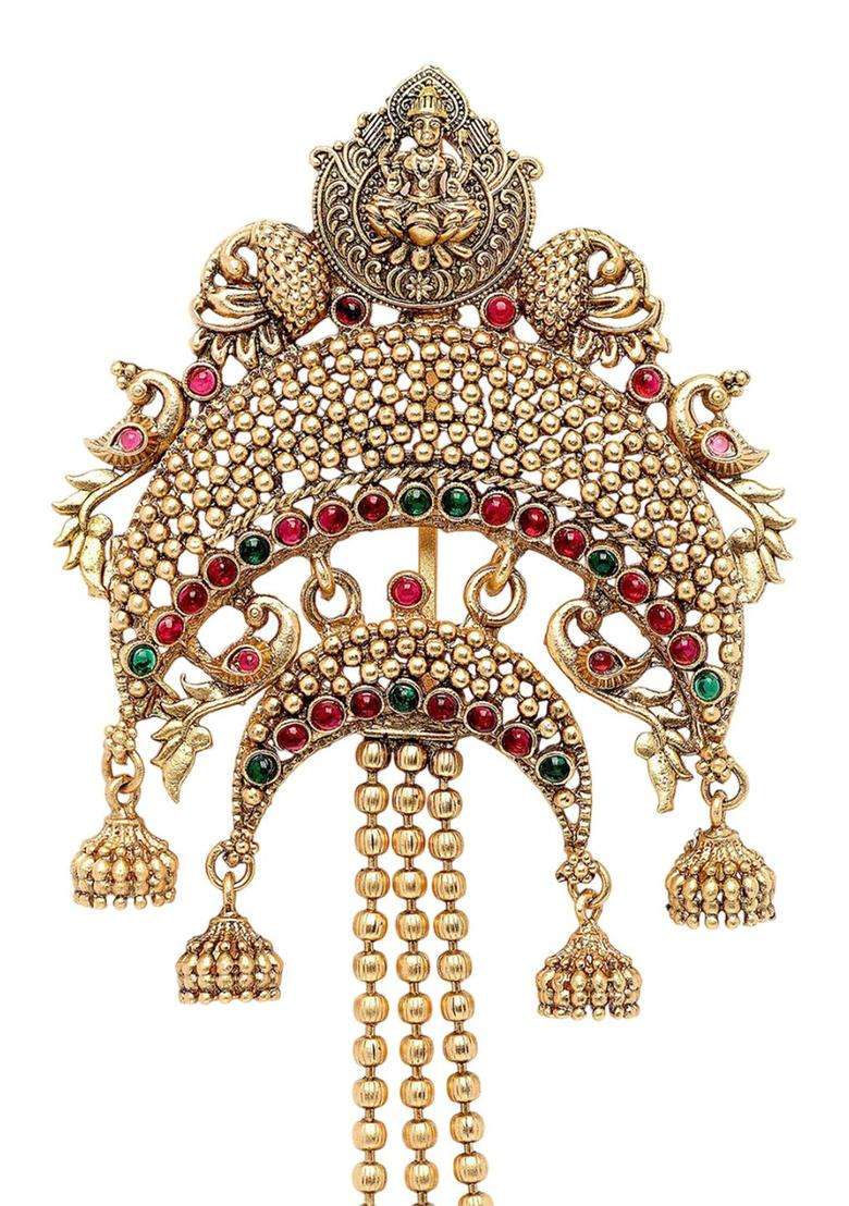 Gold-Plated Artificial Stones Studded Temple Bun Pin Head Jewellery for Women | Traditional Temple Jewellery for Wedding & Festive Wear | Gift for Her - Indya