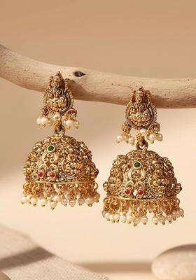 Gold-Plated Stone Studded & Beaded Laxmi Mata Jhumkas for Women | Traditional Temple Jewellery for Wedding & Festive Wear | Gift for Her