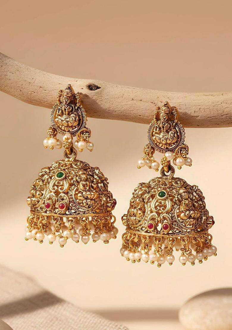 Gold-Plated Stone Studded & Beaded Laxmi Mata Jhumkas for Women | Traditional Temple Jewellery for Wedding & Festive Wear | Gift for Her - Indya