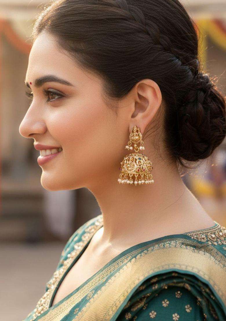 Gold-Plated Stone Studded & Beaded Laxmi Mata Jhumkas for Women | Traditional Temple Jewellery for Wedding & Festive Wear | Gift for Her - Indya