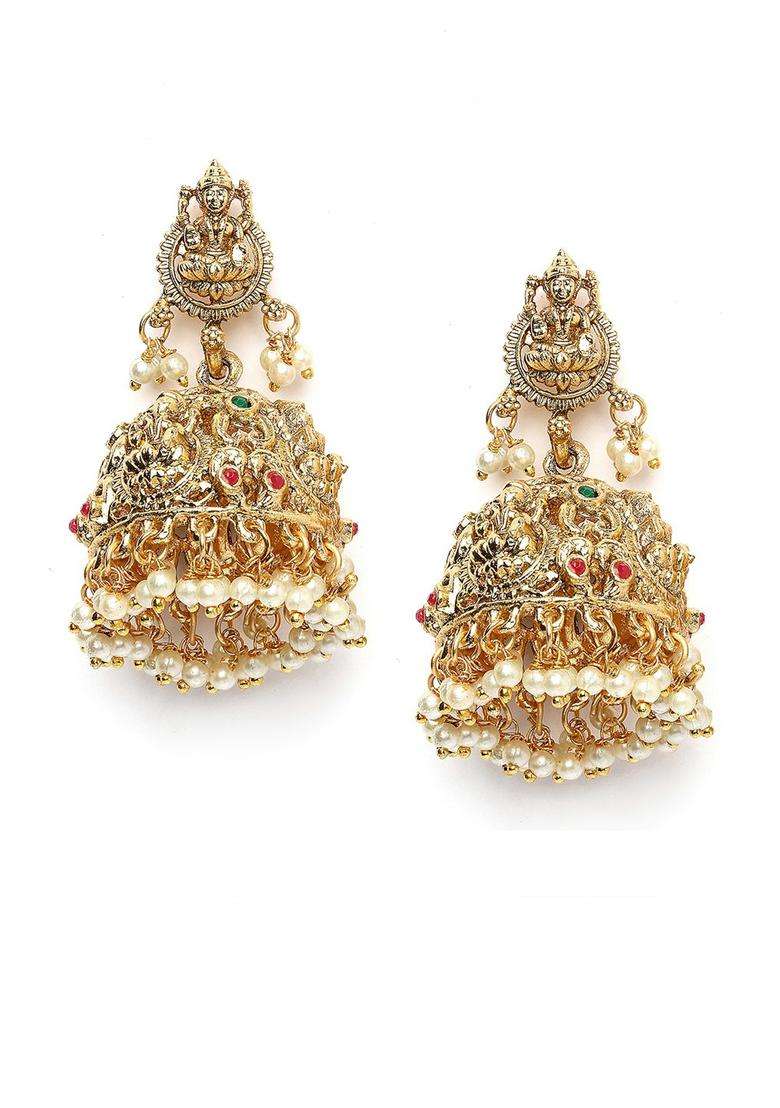 Gold-Plated Stone Studded & Beaded Laxmi Mata Jhumkas for Women | Traditional Temple Jewellery for Wedding & Festive Wear | Gift for Her - Indya