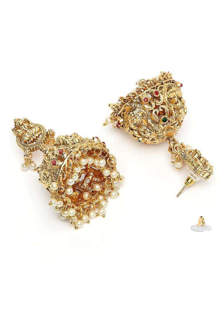 Gold-Plated Stone Studded & Beaded Laxmi Mata Jhumkas for Women | Traditional Temple Jewellery for Wedding & Festive Wear | Gift for Her - Indya