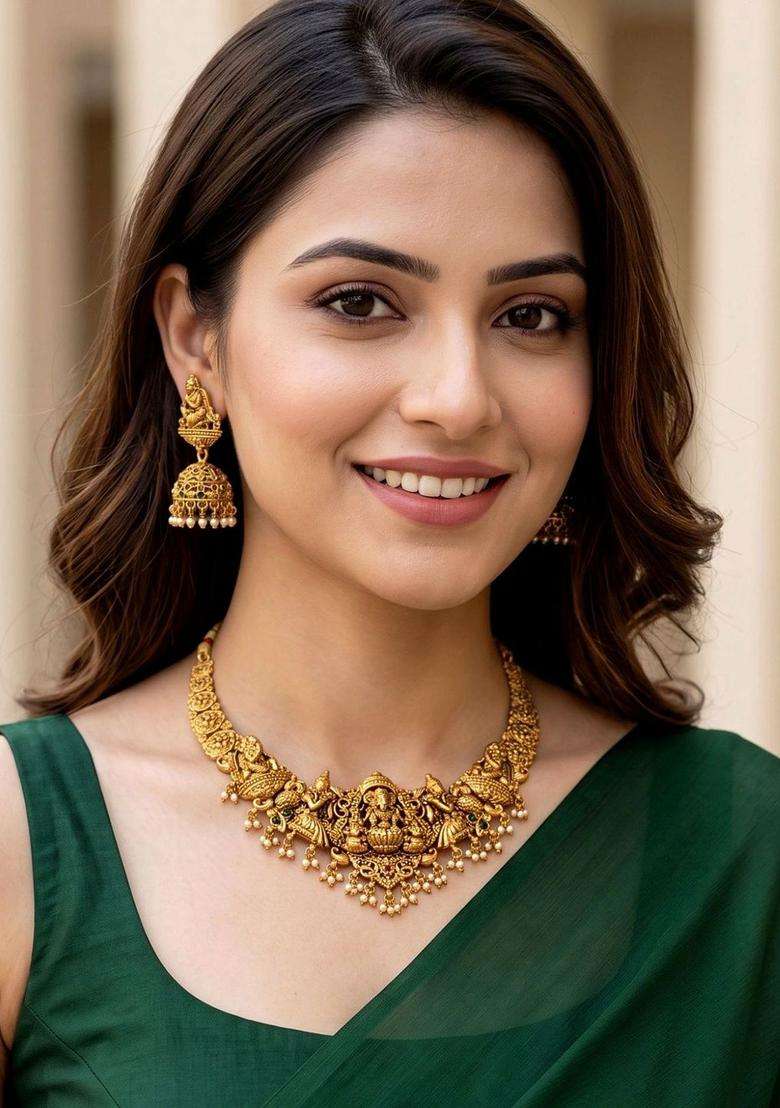 Gold-Plated Goddess Lakshmi and Peacock Motifs Temple Jewellery Set for with Kundan for Women | Traditional Temple Jewellery for Wedding & Festive Wear | Gift for Her - Indya