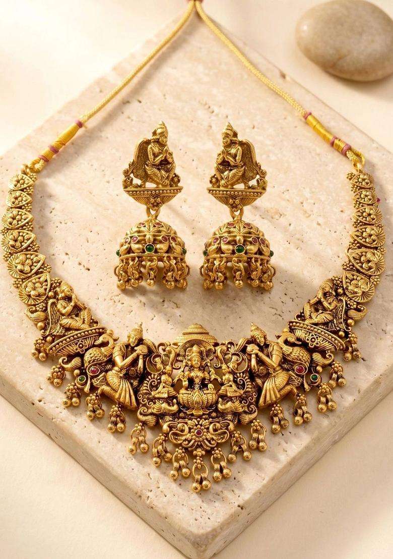 Gold-Plated Goddess Lakshmi and Peacock Motifs Temple Jewellery Set for with Kundan for Women | Traditional Temple Jewellery for Wedding & Festive Wear | Gift for Her - Indya
