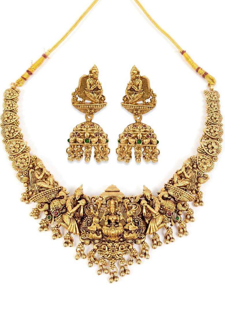 Gold-Plated Goddess Lakshmi and Peacock Motifs Temple Jewellery Set for with Kundan for Women | Traditional Temple Jewellery for Wedding & Festive Wear | Gift for Her - Indya