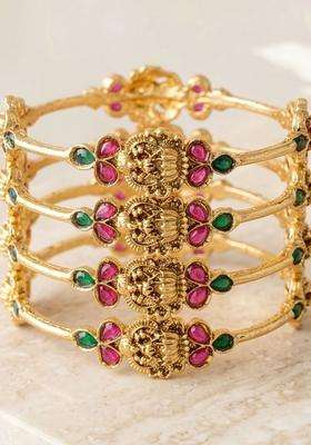 Set of 4 Gold-Plated Temple Stone Studded & Beaded Traditional Bangle for Women | Traditional Temple Jewellery for Wedding & Festive Wear | Gift for Her