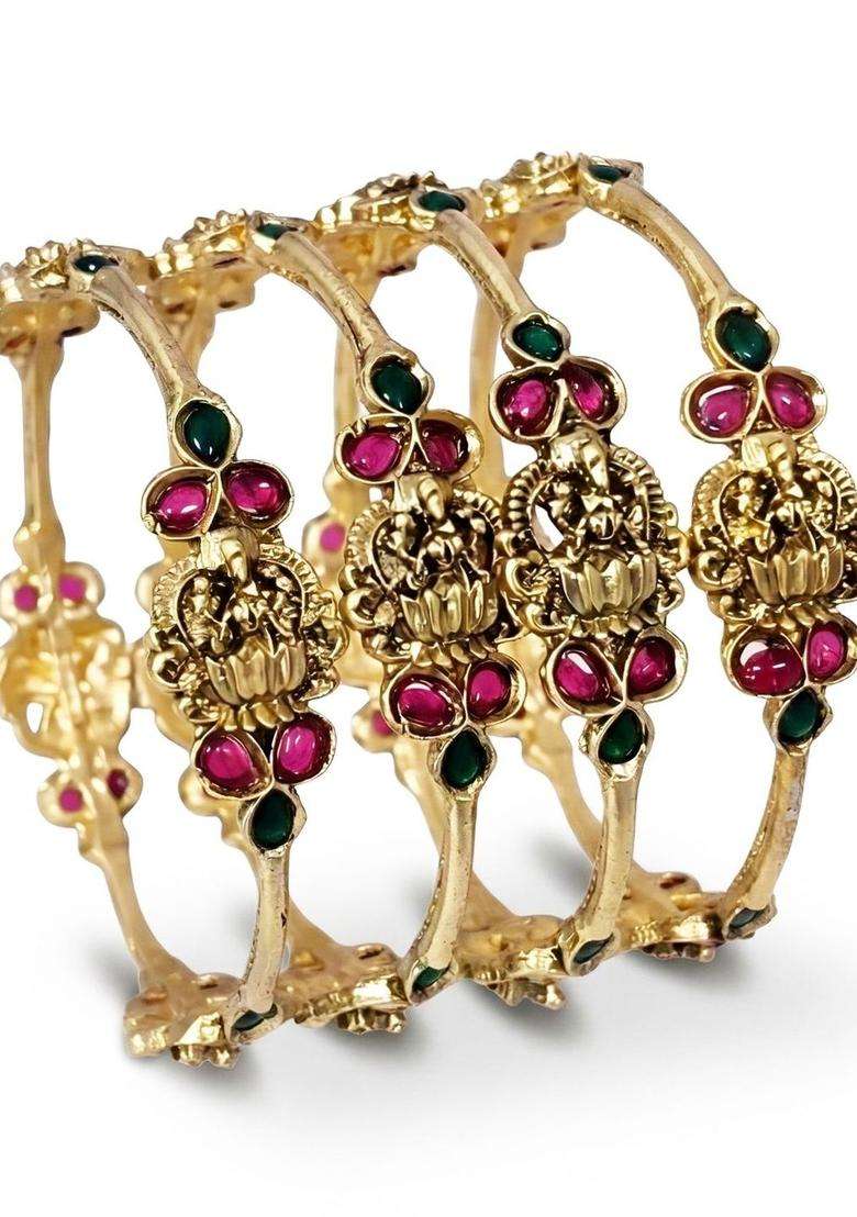 Set of 4 Gold-Plated Temple Stone Studded & Beaded Traditional Bangle for Women | Traditional Temple Jewellery for Wedding & Festive Wear | Gift for Her - Indya