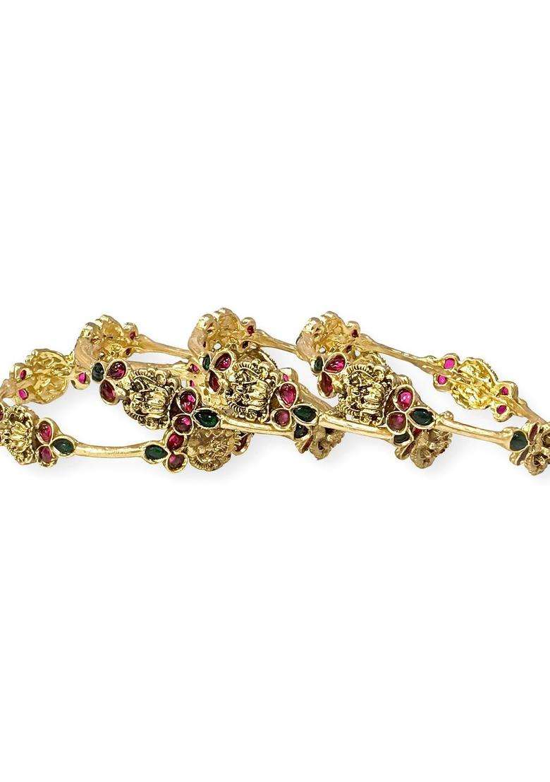 Set of 4 Gold-Plated Temple Stone Studded & Beaded Traditional Bangle for Women | Traditional Temple Jewellery for Wedding & Festive Wear | Gift for Her - Indya