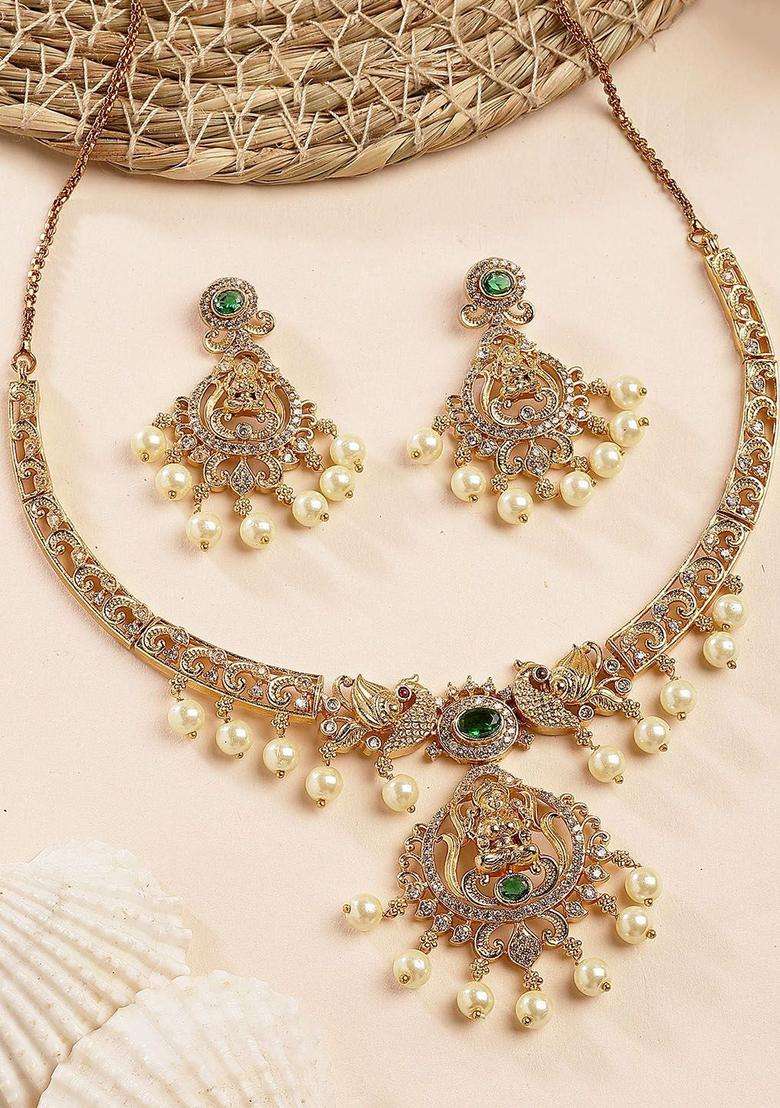 Gold-Plated Stone Studded Laxmi Temple Necklace & Earrings Jewellery Set with American Diamond for Women | Traditional Temple Jewellery for Wedding & Festive Wear | Gift for Her - Indya