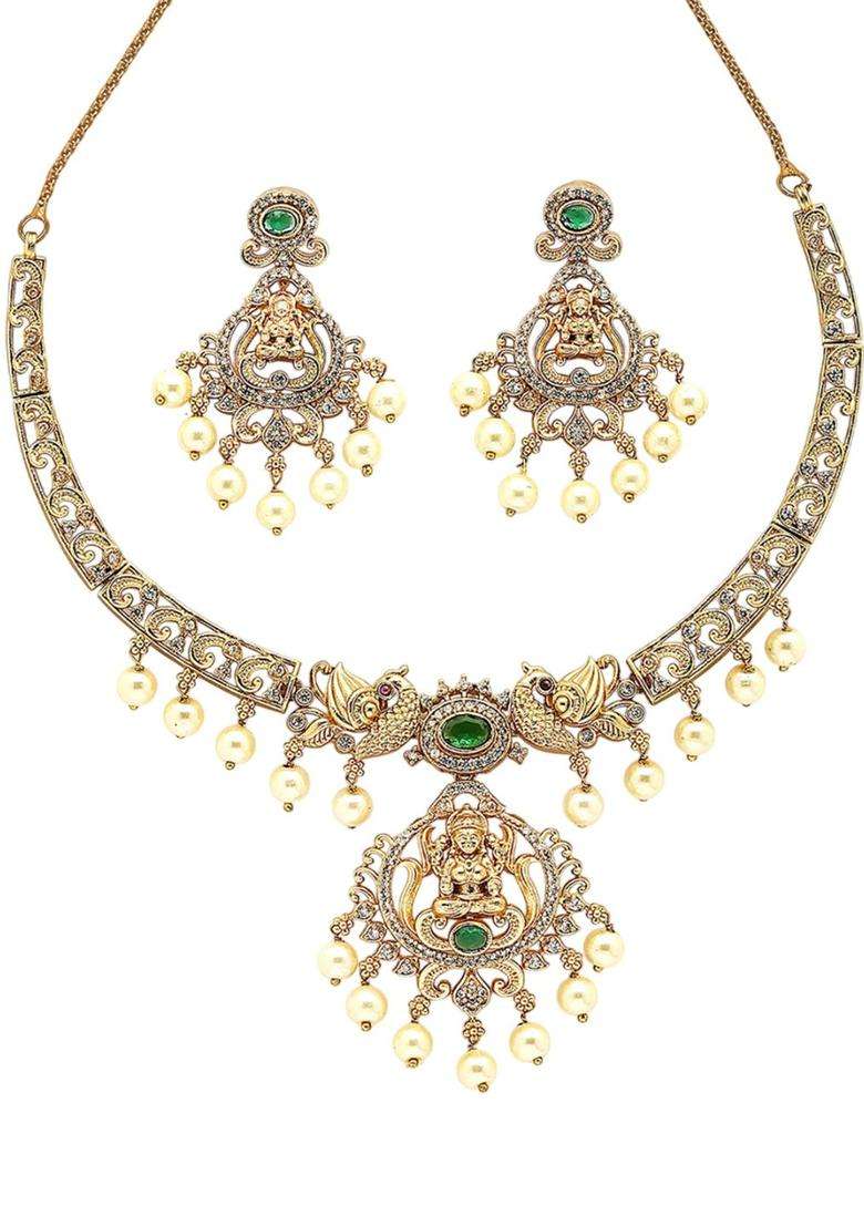 Gold-Plated Stone Studded Laxmi Temple Necklace & Earrings Jewellery Set with American Diamond for Women | Traditional Temple Jewellery for Wedding & Festive Wear | Gift for Her - Indya