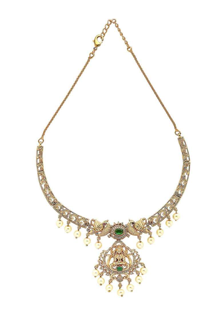 Gold-Plated Stone Studded Laxmi Temple Necklace & Earrings Jewellery Set with American Diamond for Women | Traditional Temple Jewellery for Wedding & Festive Wear | Gift for Her - Indya
