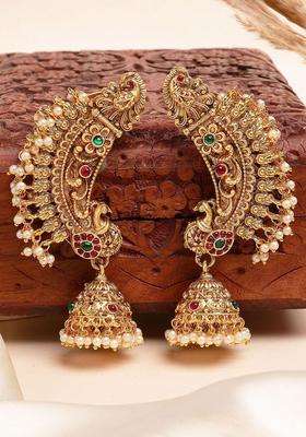 Gold-Plated Stone Studded & Beaded Peacock Design Jhumkas for Women | Traditional Temple Jewellery for Wedding & Festive Wear | Gift for Her
