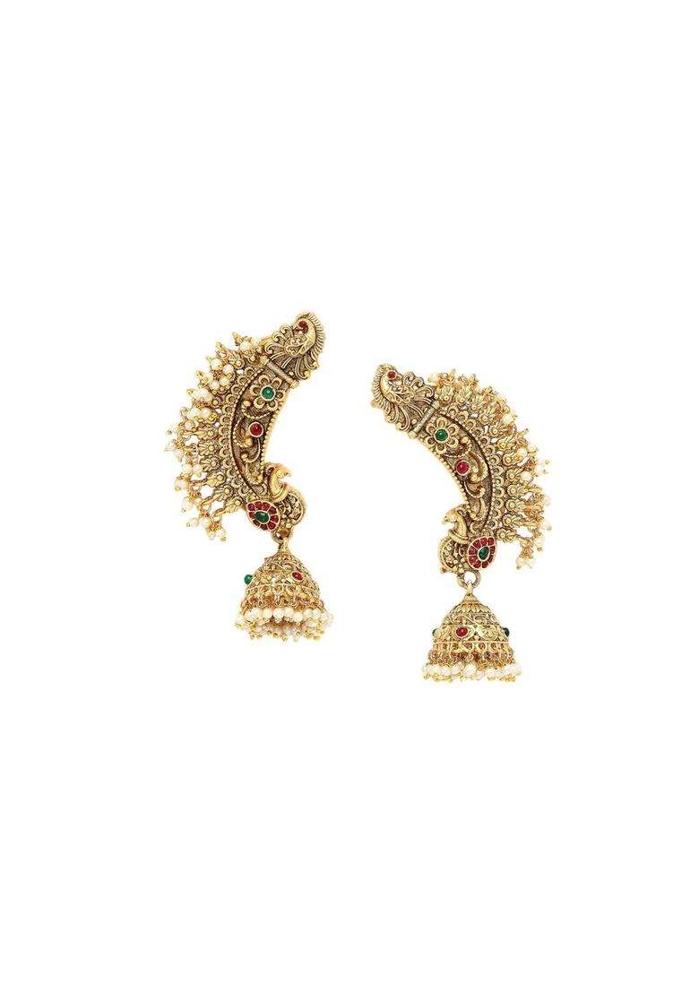 Gold-Plated Stone Studded & Beaded Peacock Design Jhumkas for Women | Traditional Temple Jewellery for Wedding & Festive Wear | Gift for Her - Indya