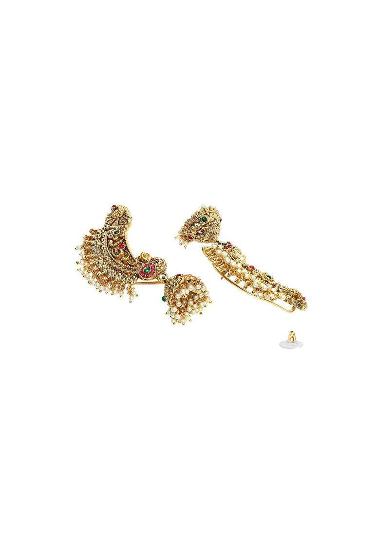 Gold-Plated Stone Studded & Beaded Peacock Design Jhumkas for Women | Traditional Temple Jewellery for Wedding & Festive Wear | Gift for Her - Indya
