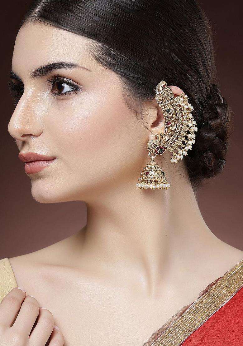 Gold-Plated Stone Studded & Beaded Peacock Design Jhumkas for Women | Traditional Temple Jewellery for Wedding & Festive Wear | Gift for Her - Indya