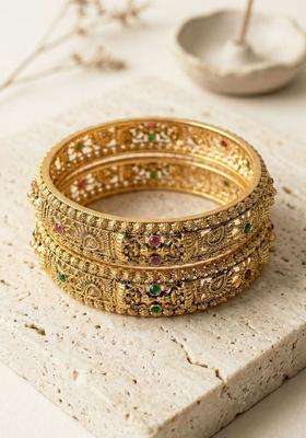 Set of 2 Gold-Plated Temple Stone Studded & Beaded Traditional Bangle for Women | Traditional Temple Jewellery for Wedding & Festive Wear | Gift for Her