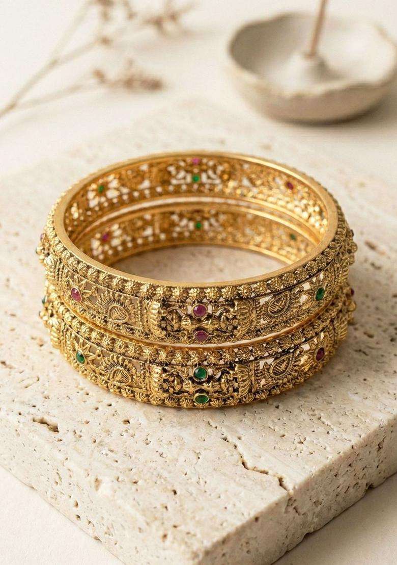 Set of 2 Gold-Plated Temple Stone Studded & Beaded Traditional Bangle for Women | Traditional Temple Jewellery for Wedding & Festive Wear | Gift for Her - Indya