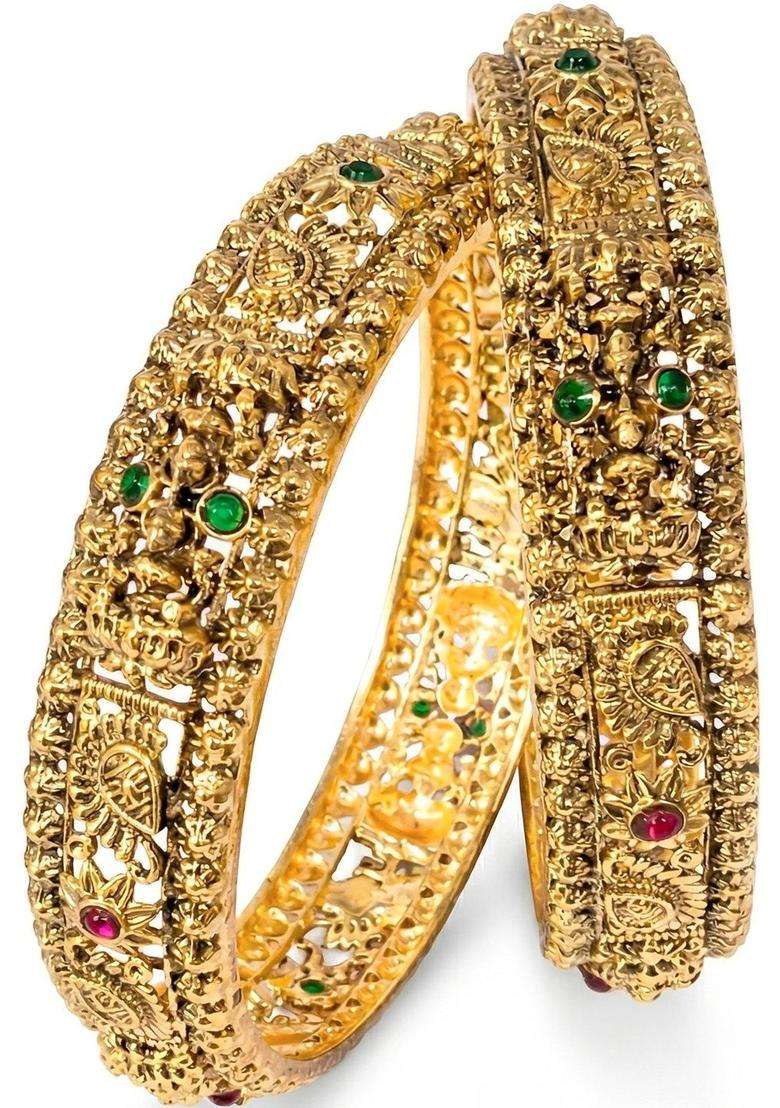 Set of 2 Gold-Plated Temple Stone Studded & Beaded Traditional Bangle for Women | Traditional Temple Jewellery for Wedding & Festive Wear | Gift for Her - Indya