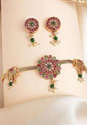 Gold-Plated Stone Studded Red and Green Floral Design Choker Jewellery Set for Women | Traditional Temple Jewellery for Wedding & Festive Wear | Gift for Her