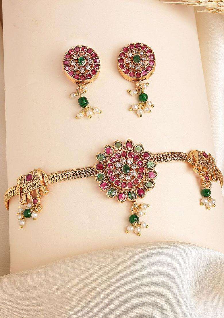 Gold-Plated Stone Studded Red and Green Floral Design Choker Jewellery Set for Women | Traditional Temple Jewellery for Wedding & Festive Wear | Gift for Her - Indya