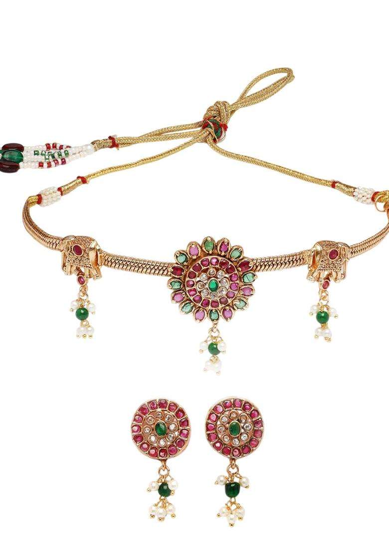 Gold-Plated Stone Studded Red and Green Floral Design Choker Jewellery Set for Women | Traditional Temple Jewellery for Wedding & Festive Wear | Gift for Her - Indya