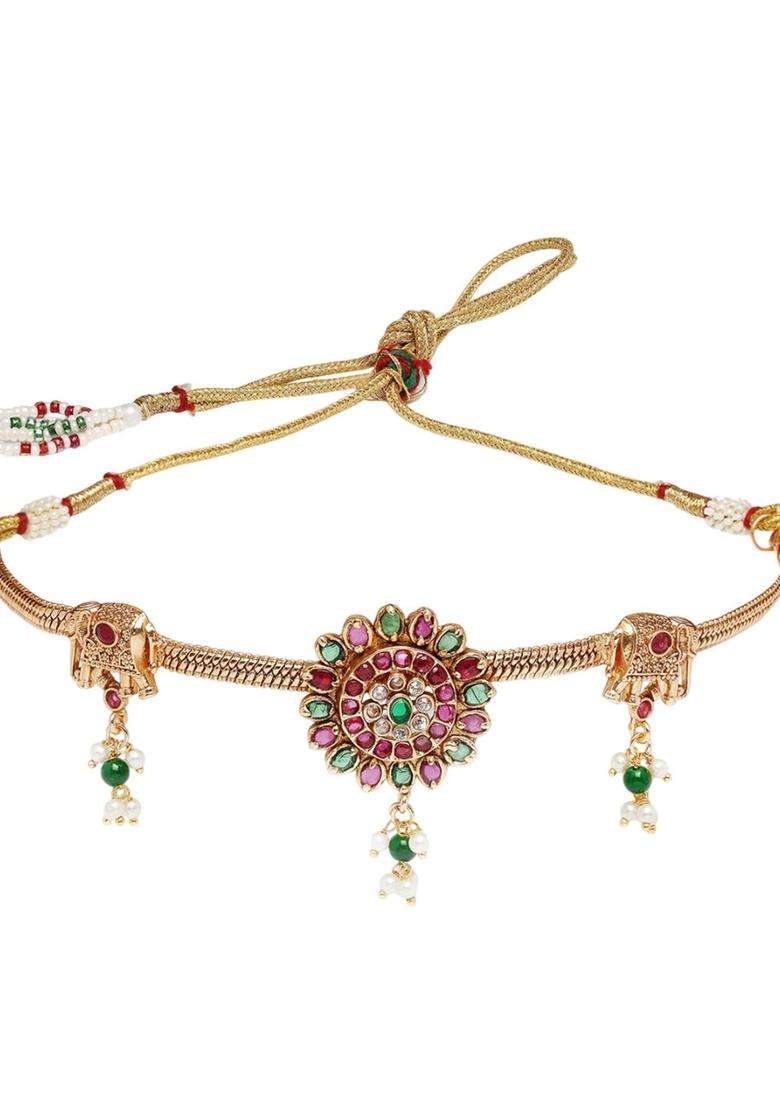 Gold-Plated Stone Studded Red and Green Floral Design Choker Jewellery Set for Women | Traditional Temple Jewellery for Wedding & Festive Wear | Gift for Her - Indya