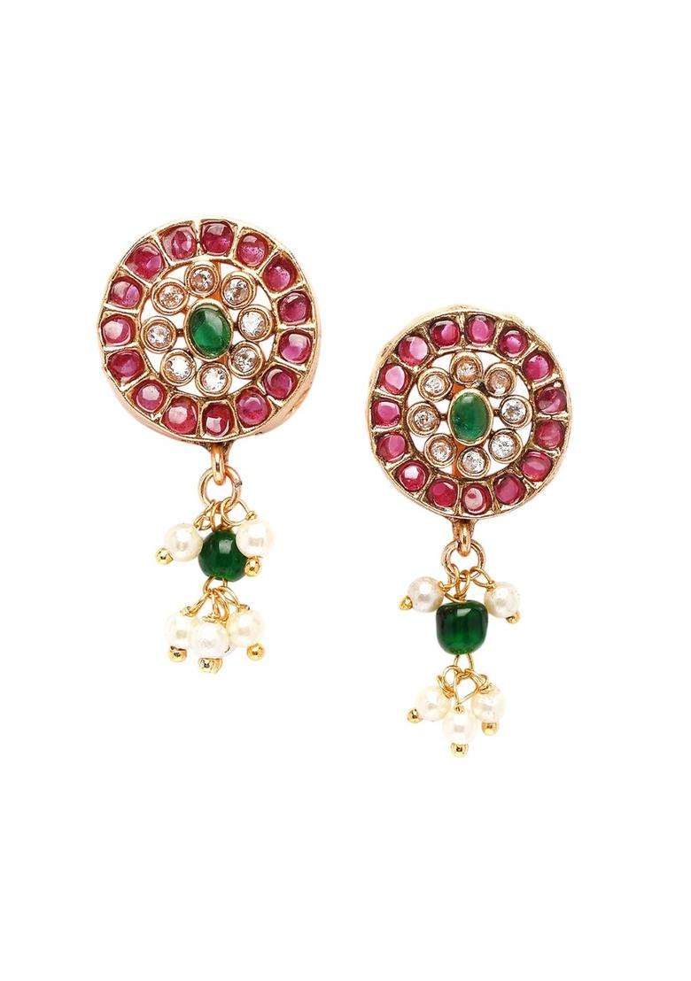 Gold-Plated Stone Studded Red and Green Floral Design Choker Jewellery Set for Women | Traditional Temple Jewellery for Wedding & Festive Wear | Gift for Her - Indya