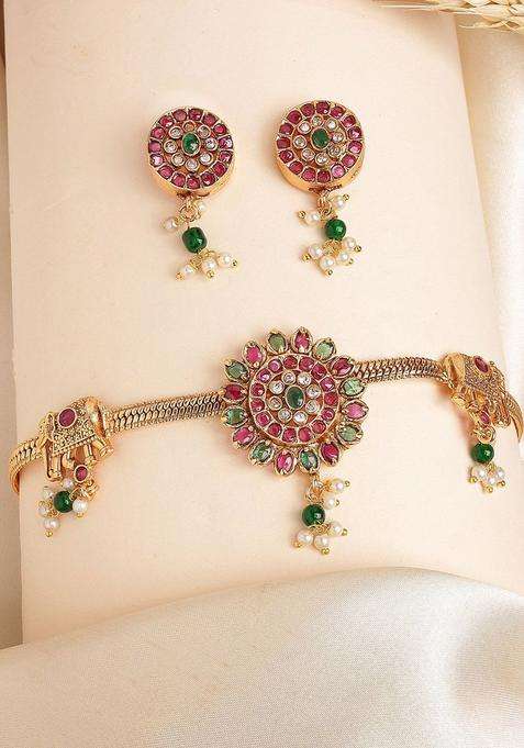Gold-Plated Stone Studded Red and Green Floral Design Choker Jewellery Set for Women | Traditional Temple Jewellery for Wedding & Festive Wear | Gift for Her