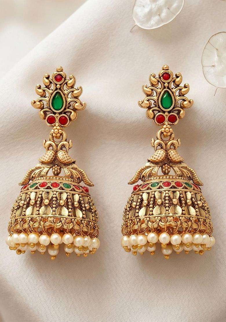 Gold-Plated Dome Shaped Stones and Pearls Studded Jhumkas Earrings for Women | Traditional Temple Jewellery for Wedding & Festive Wear | Gift for Her - Indya