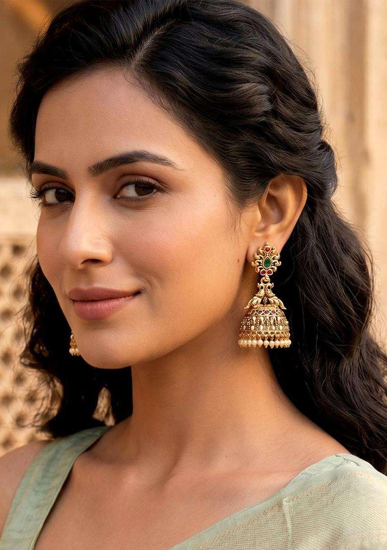 Gold-Plated Dome Shaped Stones and Pearls Studded Jhumkas Earrings for Women | Traditional Temple Jewellery for Wedding & Festive Wear | Gift for Her - Indya