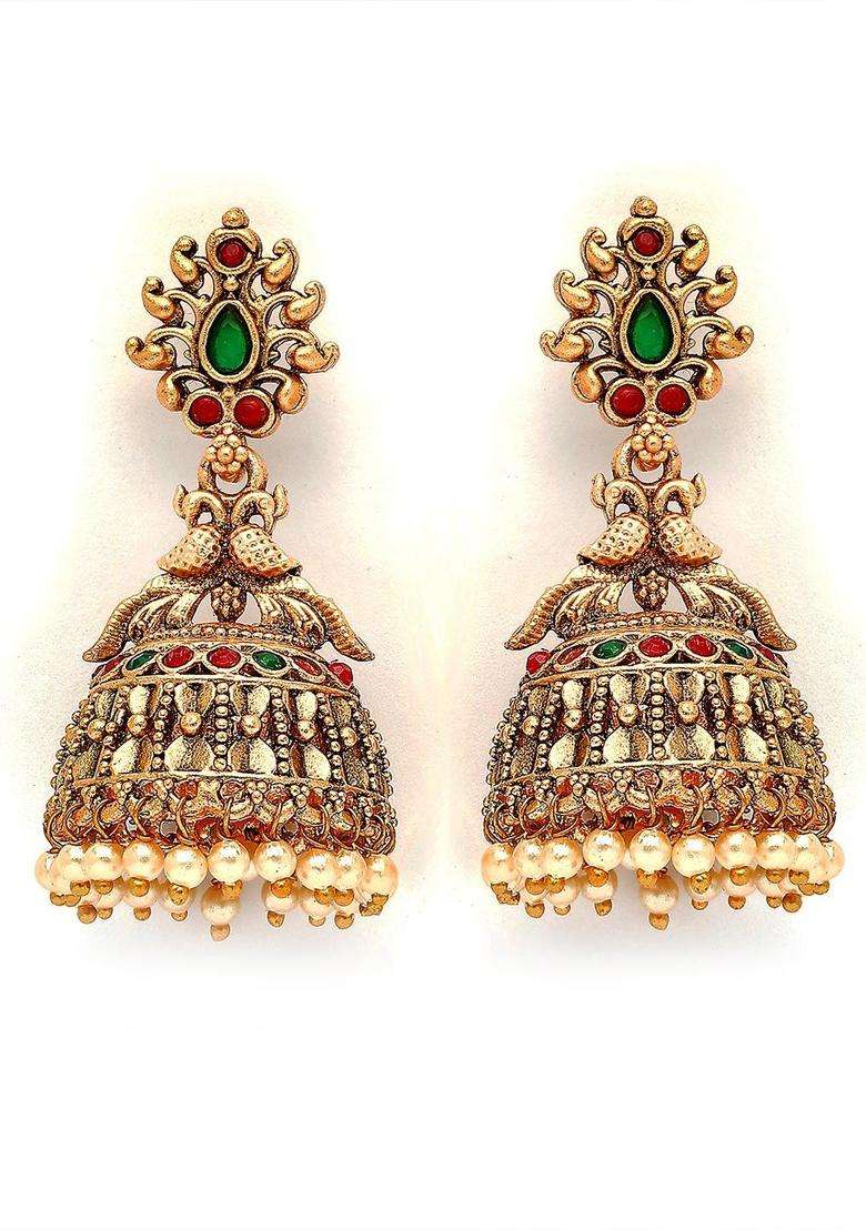 Gold-Plated Dome Shaped Stones and Pearls Studded Jhumkas Earrings for Women | Traditional Temple Jewellery for Wedding & Festive Wear | Gift for Her - Indya