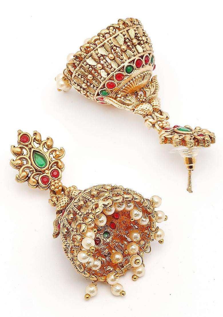 Gold-Plated Dome Shaped Stones and Pearls Studded Jhumkas Earrings for Women | Traditional Temple Jewellery for Wedding & Festive Wear | Gift for Her - Indya