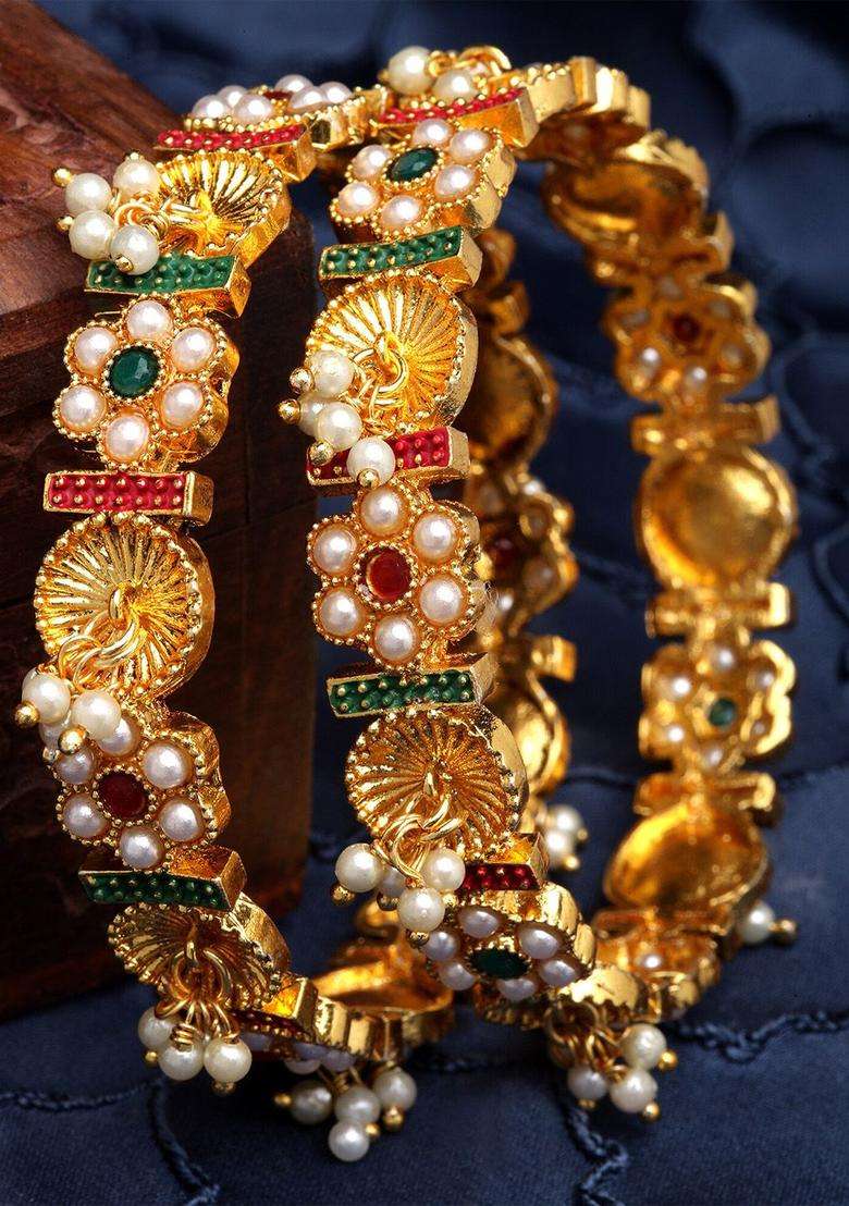 Set of 2 Gold-Plated & Gold-Toned White Pearl Beads-Studded Bangles for Women | Traditional Temple Jewellery for Wedding & Festive Wear | Gift for Her - Indya