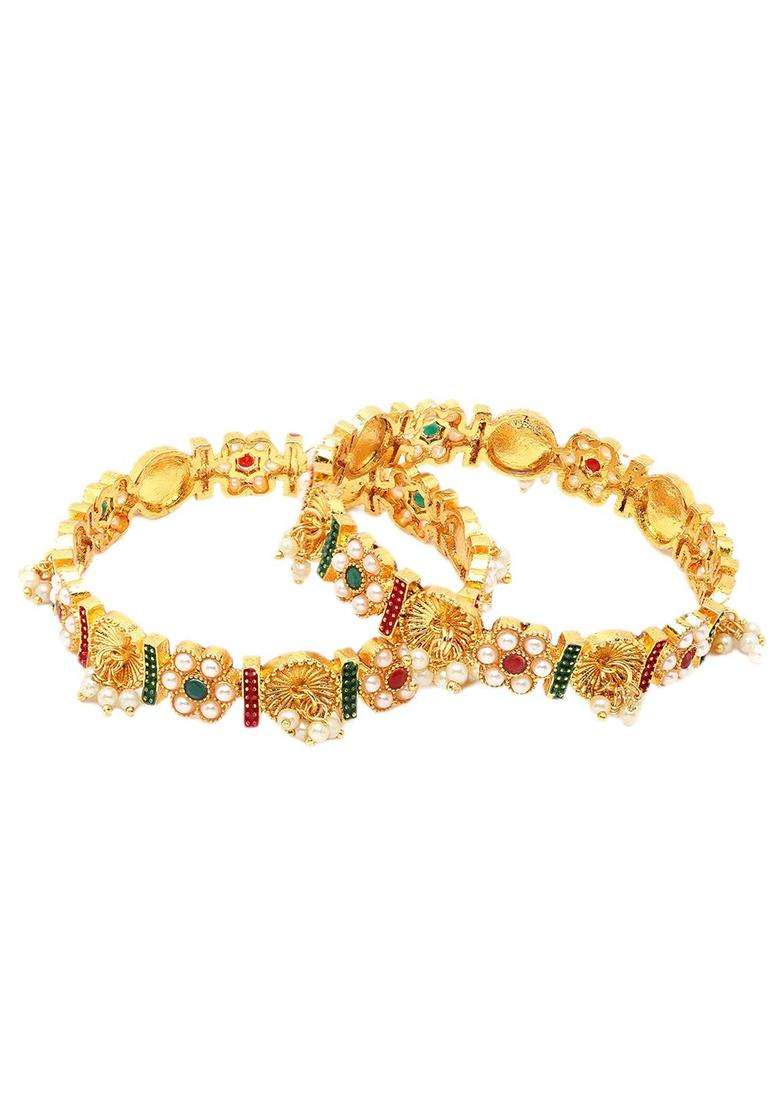 Set of 2 Gold-Plated & Gold-Toned White Pearl Beads-Studded Bangles for Women | Traditional Temple Jewellery for Wedding & Festive Wear | Gift for Her - Indya