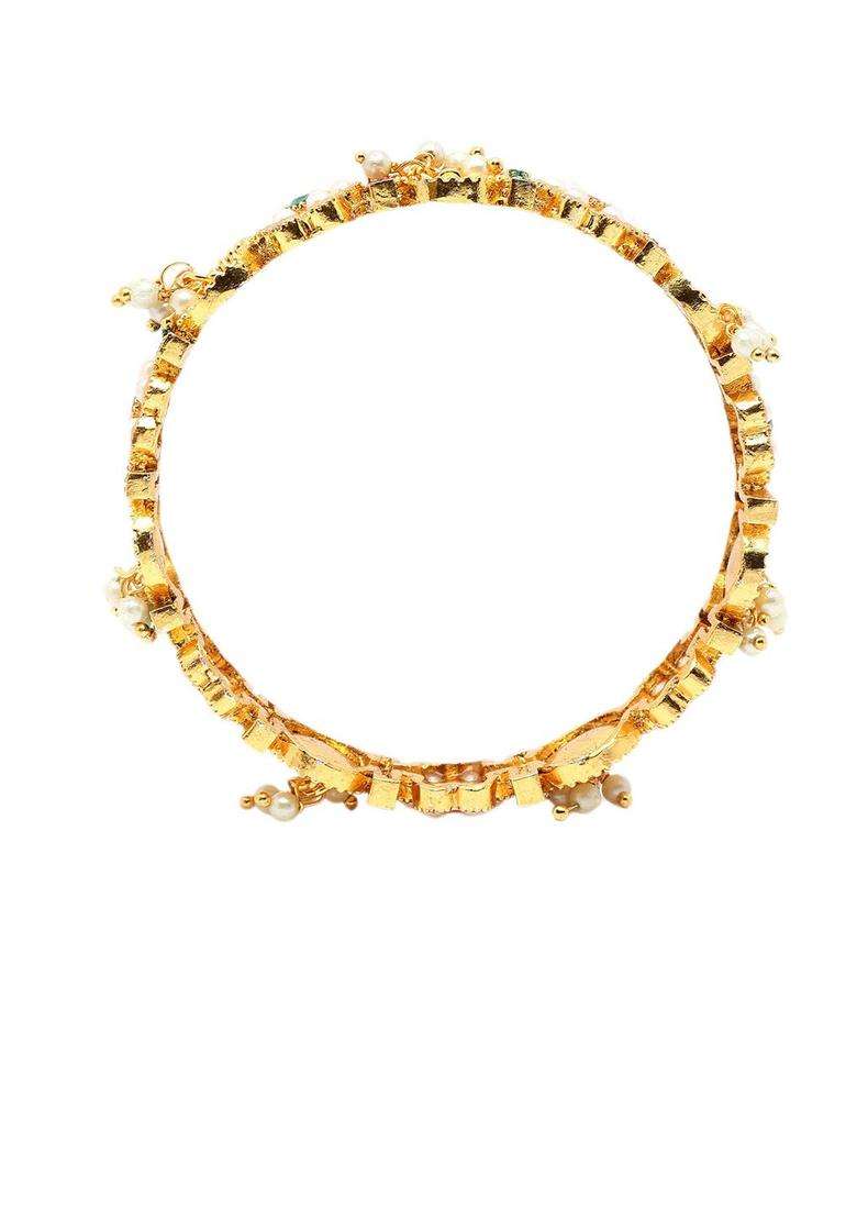 Set of 2 Gold-Plated & Gold-Toned White Pearl Beads-Studded Bangles for Women | Traditional Temple Jewellery for Wedding & Festive Wear | Gift for Her - Indya