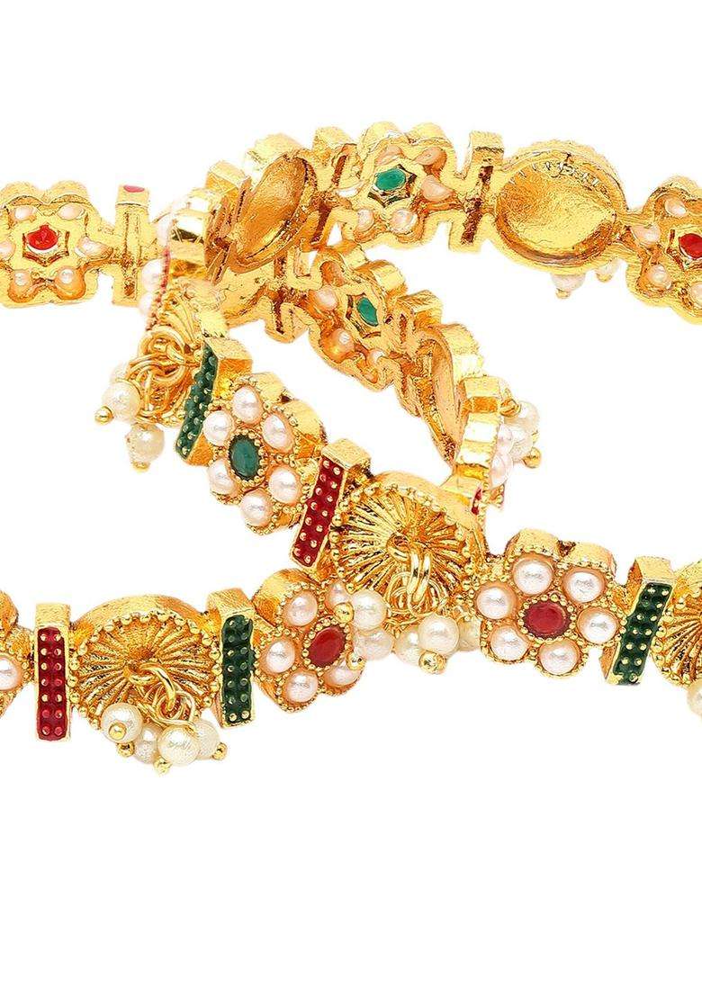 Set of 2 Gold-Plated & Gold-Toned White Pearl Beads-Studded Bangles for Women | Traditional Temple Jewellery for Wedding & Festive Wear | Gift for Her - Indya