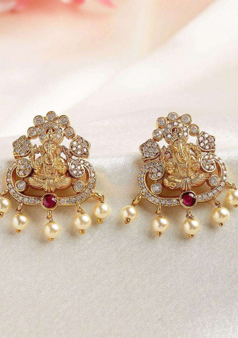Red Gold-Plated Studs Stone Traditional Earrings for Women | Traditional Temple Jewellery for Wedding & Festive Wear | Gift for Her - Indya