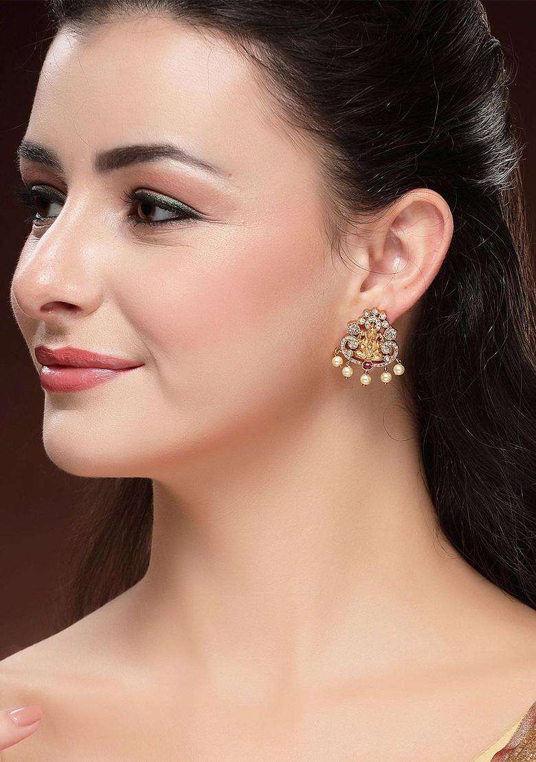 Red Gold-Plated Studs Stone Traditional Earrings for Women | Traditional Temple Jewellery for Wedding & Festive Wear | Gift for Her - Indya