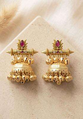 Gold-Plated Geometric Jhumkas Earrings with Kundan for Women | Traditional Temple Jewellery for Wedding & Festive Wear | Gift for Her