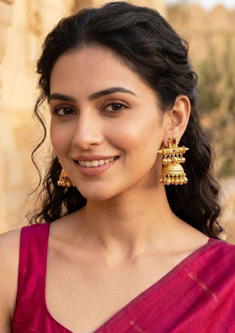 Gold-Plated Geometric Jhumkas Earrings with Kundan for Women | Traditional Temple Jewellery for Wedding & Festive Wear | Gift for Her - Indya