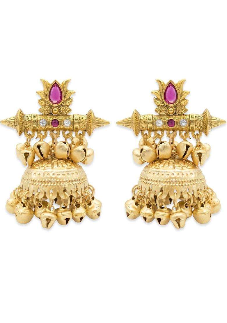 Gold-Plated Geometric Jhumkas Earrings with Kundan for Women | Traditional Temple Jewellery for Wedding & Festive Wear | Gift for Her - Indya