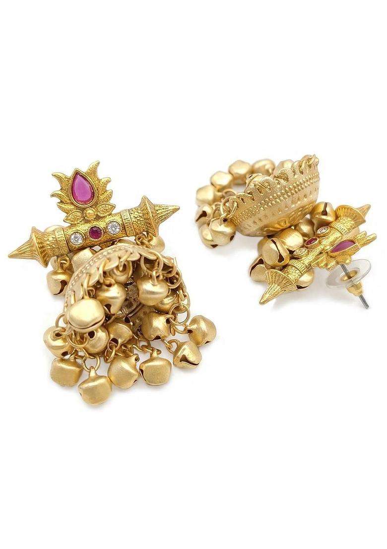 Gold-Plated Geometric Jhumkas Earrings with Kundan for Women | Traditional Temple Jewellery for Wedding & Festive Wear | Gift for Her - Indya