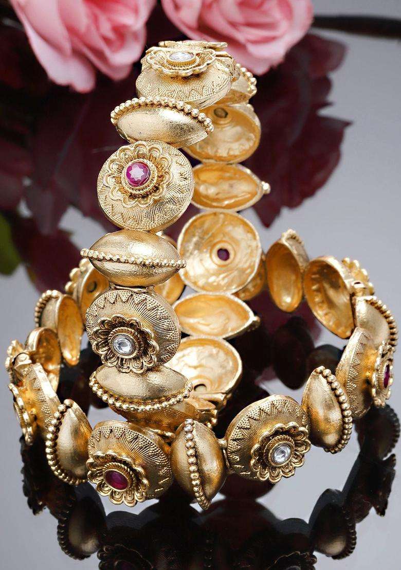 Set of 2 Gold-Plated Pink & White Kundan Floral Rajwadi Bangles for Women | Traditional Temple Jewellery for Wedding & Festive Wear | Gift for Her - Indya