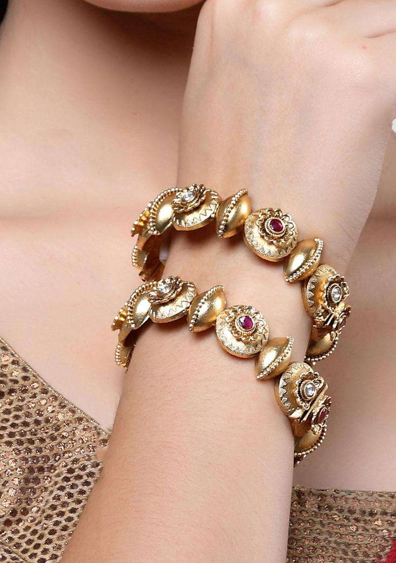 Set of 2 Gold-Plated Pink & White Kundan Floral Rajwadi Bangles for Women | Traditional Temple Jewellery for Wedding & Festive Wear | Gift for Her - Indya
